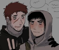  2boys :/ :d afraid_of_monsters averting_eyes beard_stubble black_eyes black_gloves black_hoodie blush brown_hair creator_connection crossover cry_of_fear david_leatherhoff facial_hair gloves grey_hoodie hand_on_another's_shoulder hood hood_down hood_up hoodie looking_to_the_side multiple_boys raykills scar scar_on_face short_hair simon_henriksson smile stubble turtleneck upper_body 