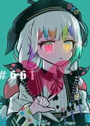  1girl absurdres backlighting beret black_hat bow bug butterfly dishthecatlover glowing glowing_eyes hat highres jogasaki_noah long_hair looking_at_viewer mahou_shoujo_no_majo_saiban multi-tied_hair multicolored_eyes multicolored_hair open_mouth simple_background solo upper_body 