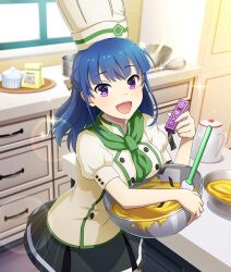  1girl :d baking blue_hair bow bowl box breasts brown_bow buttons chef_hat cowboy_shot dot_nose double-breasted game_cg green_neckerchief green_skirt hair_bow hat heijou_institute_school_uniform holding holding_bowl holding_box indoors kelp kitchen koike_saaya large_breasts lens_flare looking_at_viewer medium_hair mixing_bowl neckerchief official_art open_mouth patissier school_uniform shelf shirt short_sleeves sidelocks skirt smile solo sparkle spatula teapot third-party_source toji_no_miko toji_no_miko:_kizamishi_issen_no_tomoshibi translated violet_eyes whisk window yellow_hat yellow_shirt 