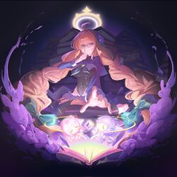 1girl ahoge black_leotard blue_archive book braid brown_hair commentary_request glasses gloves halo halter_leotard halterneck highres leotard long_hair looking_at_viewer low_twin_braids meiruruu official_alternate_costume shimiko_(blue_archive) shimiko_(magical)_(blue_archive) solo twin_braids twintails yellow_halo