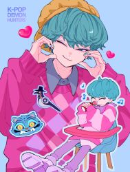  2boys alternate_costume aqua_eyes aqua_hair aqua_nails argyle_clothes argyle_sweater baby_(kpop_demon_hunters) backwards_hat bib blue_background closed_eyes deformed derpy_(kpop_demon_hunters) drinking hashtag-only_commentary hat heart high_chair highres hot_sauce kpop_demon_hunters long_sleeves multiple_boys multiple_views musical_note nasi_w2 newsboy_cap official_alternate_costume one_eye_closed outline_with_lineart pale_skin pants pink_sweater platform_shoes purple_pants purple_shoes shoes short_hair simple_background sitting smirk striped_clothes striped_sweater sussie_(kpop_demon_hunters) sweater upper_body yellow_hat 