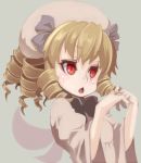  1girl blonde_hair blush bow close-up dress drill_hair fairy fairy_wings hat luna_child open_mouth red_eyes short_hair solo standing touhou uni_mate white_dress wings 
