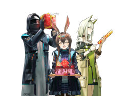  1other 2girls :d ^_^ absurdres amiya_(arknights) animal_ears arknights artist_name ascot bare_shoulders birthday black_gloves black_jacket blue_collar box brown_hair cake chinese_commentary chocolate_syrup closed_eyes closed_mouth clothes_writing collar commentary_request crossed_bangs doctor_(arknights) dress facing_viewer food fruit gift gift_box gloves green_dress green_eyes green_hair grey_robe hair_between_eyes halter_dress halterneck highres holding holding_gift holding_party_popper hood hood_up hooded_jacket jacket kal'tsit_(arknights) long_hair long_sleeves material_growth medium_hair multiple_girls off_shoulder open_clothes open_jacket open_mouth orini oripathy_lesion_(arknights) party_popper profile purple_ascot robe simple_background smile standing star_(symbol) star_of_life strawberry watch watch white_background 