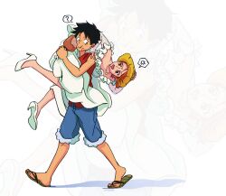  1boy 1girl ? absurdres anger_vein black_hair blue_shorts boned_meat carrying carrying_over_shoulder carrying_person closed_mouth dress eating english_commentary food food_on_face frilled_dress frills from_side full_body fur-trimmed_shorts fur_trim hand_on_another's_shoulder hand_on_headwear hat high_heels highres holding holding_food jewelry looking_at_another meat monkey_d._luffy nami_(one_piece) necklace official_alternate_costume one_piece open_mouth orange_hair red_vest sandals scar scar_on_cheek scar_on_face see-through_clothes see-through_sleeves shoes short_hair shorts spoken_anger_vein spoken_question_mark straw_hat vest walking wedding_dress white_dress white_shoes zantinaa 