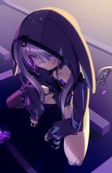  1girl 70m4444 absurdres animal_ears bandaid bandaid_on_cheek bandaid_on_face bandaid_on_knee bandaid_on_leg bandaid_on_nose fake_animal_ears from_above hashtag-only_commentary highres hololive hololive_english hood hood_up hoodie koseki_bijou long_sleeves looking_at_viewer looking_up outdoors purple_hoodie solo squatting violet_eyes zipper zipper_pull_tab 