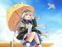  1girl :d absurdres aircraft airplane anemoi bilingual_commentary black_jacket blue_dress blue_sky blush brown_hair cat_ear_umbrella chinese_commentary clouds commentary_request contrail day dress english_commentary eyes_visible_through_hair feet_out_of_frame floating_hair fusaba_aino goggles goggles_on_head hair_between_eyes hands_up happy hat highres holding holding_umbrella jacket long_hair long_sleeves looking_up mixed-language_commentary open_mouth outdoors school_uniform sidelocks sitting sky smile socks solo thigh_strap two-sided_dress two-sided_fabric two-tone_dress ultra258 umbrella under_umbrella upskirt very_long_hair white_dress white_hat white_socks wind yellow_eyes yellow_umbrella |_| 