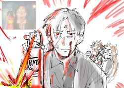  1girl 2boys :o absurdres black_coat black_hair black_jacket black_shirt blood blood_on_clothes blood_on_face brown_hair coat commentary_request curtained_hair dark-skinned_male dark_skin fire glowing glowing_eyes heathcliff_(project_moon) highres holding holding_hands jacket limbus_company long_hair meme multiple_boys necktie project_moon raid_(insecticide) red_eyes red_necktie reference_inset rodion_(project_moon) scar scar_on_face shirt short_hair vergilius_(project_moon) victor_van_dort_spraying_raid_and_screaming_(meme) white_shirt wingzerorx93 