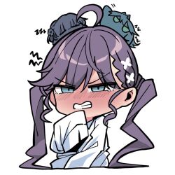  3girls ahoge blue_eyes blush braid chibi clenched_teeth closed_eyes collared_shirt commentary_request dress_shirt gakuen_idolmaster hair_between_eyes hair_ornament hataya_misuzu idolmaster kawamochi_(kawauti919) kaya_rinha long_sleeves mini_person minigirl multiple_girls nose_blush on_head purple_hair shirt simple_background sleeping sleeves_past_fingers sleeves_past_wrists tears teeth translation_request tsukimura_temari twintails v-shaped_eyebrows white_background white_shirt x_hair_ornament zzz 