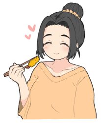  1girl black_hair breasts collarbone commentary_request eating ebihara_naho food hair_bun hair_ornament hair_scrunchie heart highres idolmaster idolmaster_cinderella_girls large_breasts noe_aoikaba orange_shirt scrunchie shirt shrimp shrimp_tempura single_hair_bun solo tempura upper_body wide_sleeves 