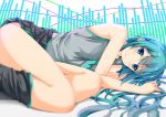 1girl bare_shoulders blue_eyes blue_hair blush fetal_position hatsune_miku long_hair looking_at_viewer lying necktie ok-ray skirt solo vocaloid 