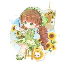  absurdres ankle_socks apron blue_background brown_hair buttons chinese_commentary circle closed_mouth collared_dress commentary_request daisy_(flower) dot_nose dress easel floral_print flower frilled_apron frilled_socks frills green_dress green_eyes green_headscarf green_pastoral_(shining_nikki) green_shoes hair_intakes hair_ribbon headscarf highres holding holding_paint_palette holding_paintbrush leg_up light_blush long_hair long_sleeves loose_hair_strand low_twintails mary_janes medium_dress momo_(nikki) nikki_(series) official_alternate_costume on_stool paint_palette paintbrush painting_(object) plaid_clothes plaid_dress pleated_dress print_apron print_headwear puffy_long_sleeves puffy_sleeves ribbon sample_watermark shenqi_tuoxie_zai_nali shining_nikki shoes sitting smile socks sunflower tareme twintails two-tone_background very_long_hair watermark white_apron white_background white_flower white_socks yellow_flower 
