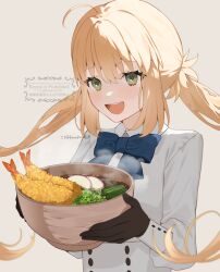  1girl artoria_caster_(fate) artoria_caster_(second_ascension)_(fate) artoria_pendragon_(fate) black_gloves blue_bow blue_bowtie blush bow bowl bowtie buttons commentary_request double-breasted fate/grand_order fate_(series) fish_cake food gloves green_eyes grey_background highres holding holding_food long_hair no_headwear open_mouth romo827 shirt shrimp shrimp_tempura sidelocks simple_background smile solo teeth tempura twintails upper_body upper_teeth_only watermark white_shirt 