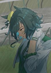  1girl animal_ears beret commentary_request ears_through_headwear esubui gloves green_eyes green_hair hair_between_eyes hat horse_ears horse_girl jacket kiseki_(miracle_author)_(umamusume) kiseki_(umamusume) outdoors rain short_hair solo umamusume upper_body wet wet_clothes white_gloves white_jacket yellow_hat 