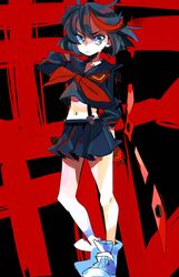  1girl highres kill_la_kill living_clothes matoi_ryuuko midriff multicolored_hair navel school_uniform senketsu serafuku shoes short_hair skirt sneakers solo sunameri_oishii suspenders sword two-tone_hair weapon 