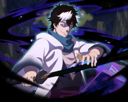  1boy absurdres aura black_clover black_clover_m:_rise_of_the_wizard_king black_hair blue_scarf book dark_aura grimoire highres holding holding_sword holding_weapon looking_at_viewer male_focus multicolored_hair non-web_source official_art open_book open_clothes open_robe rhya_(black_clover) robe scarf short_hair solo sword two-tone_hair upper_body weapon white_hair white_robe 