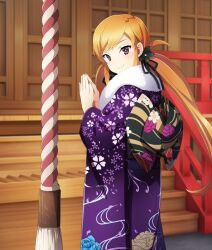  1girl architecture black_flower black_ribbon black_sash blush closed_mouth cowboy_shot dot_nose earclip east_asian_architecture floral_print floral_print_kimono flower from_side fur-trimmed_kimono fur_trim furisode game_cg hair_flower hair_ornament hair_ribbon japanese_clothes kamo_chinami kimono long_hair looking_at_viewer looking_to_the_side low_twintails new_year obi official_art orange_hair own_hands_together praying print_kimono print_sash purple_kimono ribbon rope sash shrine smile solo stairs third-party_source toji_no_miko toji_no_miko:_kizamishi_issen_no_tomoshibi twintails violet_eyes 