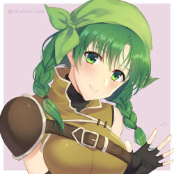  1girl awayuki_ramika bandana braid commentary_request fingerless_gloves fire_emblem fire_emblem:_the_blazing_blade gloves green_bandana green_eyes green_hair looking_at_viewer rebecca_(fire_emblem) smile solo twin_braids twintails 