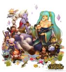  2girls :x aqua_hair armlet bare_shoulders black_sclera blue_skin braid breasts character_doll character_request cleavage collarbone dagger detached_sleeves hooves horn large_breasts league_of_legends lips long_hair multiple_girls seiza single_braid sitting smile sona_buvelle soraka sword taemin_park tattoo twintails very_long_hair weapon white_hair wristband yellow_eyes 