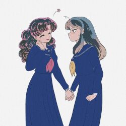  2girls blue_skirt bow closed_eyes commentary cone_horns cowboy_shot flower_symbol gradient_hair green_eyes green_hair hair_bow half-closed_eyes holding_hands horns layered_skirt long_hair long_skirt long_sleeves lum multicolored_hair multiple_girls neckerchief open_mouth pink_hair profile ran_(urusei_yatsura) red_neckerchief remi55865108 school_uniform serafuku simple_background skirt smile standing sweatdrop urusei_yatsura white_background yellow_neckerchief 