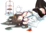  1girl ahoge bare_shoulders blush boots breasts brown_hair cake cleavage cup detached_sleeves food hairband japanese_clothes kantai_collection kongou_(kantai_collection) long_hair lying on_back personification skirt sleeping solo tea teacup teapot thigh_boots thighhighs yuui_hutabakirage 