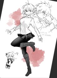  1boy 2girls aask ahoge apron arcueid_brunestud arms_at_sides blush boots commentary_request fighting_stance fingernails folding_knife gakuran glasses hair_intakes highres holding holding_knife holding_plate japanese_clothes jewelry kimono knife kohaku_(tsukihime) maid maid_apron miniskirt monochrome multiple_girls nanatsu-yoru necklace pantyhose plate red_eyes reverse_grip school_uniform sharp_fingernails short_hair skirt sleeveless sleeveless_turtleneck souya_high_school_uniform standing standing_on_one_leg sweater switchblade tohno_shiki tsukihime tsukihime_(remake) turtleneck 