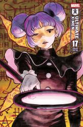  1girl absurdres black_dress black_tears blunt_bangs comic_cover company_name copyright_logo copyright_name cover cover_page double_bun dress english_text gloves hair_bun highres holding holding_magnifying_glass logo long_hair looking_down magnifying_glass marvel multiple_piercings nico_minoru official_art open_mouth peach_momoko purple_hair purple_lips runaways_(marvel) solo tears tears_from_one_eye upper_body violet_eyes white_gloves x-men yellow_background 