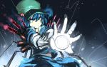  1girl arm_cannon backpack bag blue_eyes blue_hair facial_mark glowing glowing_eyes glowing_weapon hair_bobbles hair_ornament hat kawashiro_nitori mechanical_arm outstretched_arm rikkido rough shirt skirt skirt_set solo sparks touhou twintails weapon 