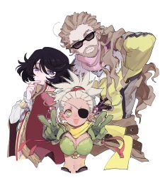  1girl 2boys absurdres arm_behind_head beard belt black_hair bra breasts brown_belt brown_hair commentary_request cropped_torso double_v eyepatch facial_hair fur-trimmed_jacket fur_trim gall_gruner gloves green_bra green_gloves grey_eyes hair_ornament hand_on_own_chin head_tilt highres in-franchise_crossover jacket kongwai_tao long_hair long_sleeves medium_breasts multiple_boys nancykittyu open_mouth ponytail purple_scarf qq_selesneva revealing_clothes robe scarf short_hair simple_background smile sparkle stroking_own_chin sunglasses tales_of_(series) tales_of_hearts tales_of_hearts_r tales_of_innocence tales_of_innocence_r underwear v white_background white_hair yellow_eyes yellow_jacket yellow_scarf 