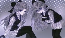  1girl abashuxiadeabaguai absurdres aotsuki_eito black_bow black_gloves black_pantyhose black_vest book bow buttons chinese_commentary closed_mouth commentary_request expressionless eyelashes genderswap genderswap_(mtf) glasses gloves grey_background grey_hair hair_bow highres holding holding_book invisible_chair large_bow long_hair long_sleeves miniskirt monochrome multiple_views nose_pads pantyhose pleated_skirt rimless_eyewear scowl shirt sitting skirt the_hundred_line_-last_defense_academy- vest white_shirt white_skirt 