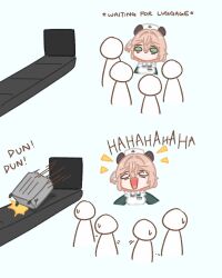  1girl animal_ears apron bags_under_eyes brown_hair commentary english_commentary green_eyes hat highres indie_virtual_youtuber laughing medium_hair nimi_nightmare nimi_nightmare_(1st_costume) nurse_cap open_mouth rolling_suitcase sappysque side_ponytail suitcase tapir_ears 