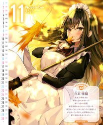  1girl 2025 apron artist_name black_hair blush breasts broom brown_eyes calendar_(medium) covering_own_mouth dappled_sunlight dengeki_moeoh falling_leaves frills highres holding holding_broom holding_leaf juliet_sleeves large_breasts leaf light_smile long_hair long_sleeves looking_at_viewer magazine_scan maid maid_apron maid_headdress maple_leaf neck_ribbon november original parted_bangs puffy_sleeves red_ribbon ribbon scan solo sunlight swept_bangs third-party_source translation_request white_apron yugaa 
