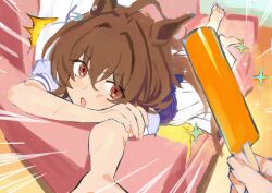  1girl ^^^ absurdres agnes_tachyon_(umamusume) ahoge animal_ear_piercing animal_ears barefoot brown_hair commentary_request couch earrings emphasis_lines food hair_intakes hand_on_own_arm highres holding holding_food holding_popsicle horse_ears horse_girl horse_tail jewelry koushikitarou_(oisiine8931) lying on_couch on_stomach open_mouth popsicle red_eyes school_uniform short_hair short_sleeves single_earring solo_focus sparkle sweat tail tracen_school_uniform umamusume 