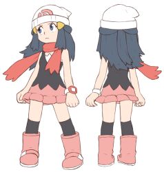  1girl beachepisode beanie blue_eyes blue_hair boots commentary english_commentary from_behind full_body hat highres hikari_(pokemon) long_hair looking_at_viewer multiple_views pokemon red_scarf scarf simple_background skirt standing thigh-highs white_background 