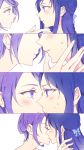  2girls 4koma blue_hair blush comic couple dokidoki!_precure eye_contact hishikawa_rikka kenzaki_makoto kiss long_hair looking_at_another multiple_girls negom precure purple_hair short_hair silent_comic simple_background white_background yuri 