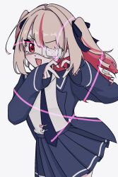  1girl :d blazer blue_jacket blue_necktie blue_ribbon blue_sailor_collar blue_skirt collared_shirt colored_inner_hair cowboy_shot drill_hair eyepatch fang four-finger_heart_hands grey_hair hair_intakes hair_ribbon hands_up heart heart-shaped_pupils heart_hands highres jacket lapels long_hair long_sleeves looking_at_viewer makaino_ririmu medical_eyepatch miniskirt monitoring_(vocaloid) multicolored_hair necktie neruno2434 nijisanji notched_lapels official_alternate_costume official_alternate_hairstyle open_clothes open_jacket open_mouth pink_hair pink_streaks pleated_skirt pointy_ears red_eyes ribbon sailor_collar school_uniform shirt shirt_tucked_in sidelocks simple_background skin_fang skirt sleeves_past_wrists smile solo standing streaked_hair symbol-shaped_pupils tie_clip two-tone_hair two_side_up v-shaped_eyebrows virtual_youtuber white_background white_shirt 