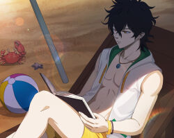  1boy absurdres ball beach beachball black_clover black_clover_m:_rise_of_the_wizard_king black_hair book bracelet brown_eyes chair crab deck_chair folding_chair hair_between_eyes highres holding holding_book jacket jewelry necklace non-web_source official_alternate_costume official_art open_book open_clothes open_jacket reading sand short_hair shorts sitting sleeveless sleeveless_jacket starfish white_jacket yellow_shorts yuno_(black_clover) 