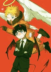  ... 2boys alternate_costume angel_and_devil black_necktie blonde_hair blue_eyes blush brown_gloves chun_baii commentary crossed_arms demon_horns demon_wings feathered_wings fur-trimmed_hood fur_trim gloves halo hand_on_another's_head highres hood horns jacket kenny_mccormick male_focus midair multiple_boys necktie one_eye_closed orange_jacket orange_pants pants south_park spoken_ellipsis stan_marsh suit sweat symbol-only_commentary wings yellow_halo 