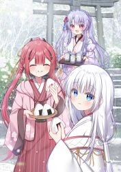  3girls :d :i :t ^_^ alternate_hairstyle blue_eyes blue_hair blunt_bangs blush braid center-flap_bangs cherry_blossom_print closed_eyes closed_mouth commentary_request cowboy_shot crown_braid cup day eating eyes_visible_through_hair facing_viewer fingernails floral_print floral_print_kimono food food_on_face frilled_kimono frills hair_between_eyes hair_ornament hair_ribbon hairclip hands_up happy highres holding holding_food holding_tray japanese_clothes kamiyama_shiki kimono long_hair long_sleeves looking_at_viewer low-tied_long_hair miko multiple_girls naruse_shiroha nontraditional_miko official_alternate_costume onigiri open_clothes open_kimono open_mouth outdoors photo_background pink_kimono ponytail print_kimono red_eyes red_hair red_kimono red_ribbon ribbon sakura_aki sidelocks signature smile snowing sorakado_ao split_ponytail stairs steam straight_hair striped_clothes striped_kimono summer_pockets tassel tassel_hair_ornament torii tray twin_braids twitter_username upper_body vertical-striped_clothes vertical-striped_kimono very_long_hair white_background white_kimono wide_sleeves winter 