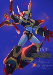  1boy android arm_cannon armor black_armor black_helmet blue_background character_request check_character commentary forehead_jewel full_body green_eyes helmet male_focus mega_man_(series) mega_man_x:_command_mission mega_man_x_(series) robot shoulder_armor simple_background solo symbol-only_commentary to_i_to_io translation_request weapon x_(mega_man) x_fire_(mega_man) 