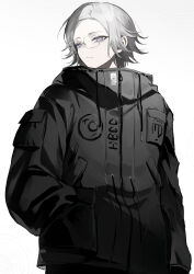  1boy absurdres alternate_color aotsuki_eito black_gloves black_jacket blue_eyes chinese_commentary closed_mouth commentary_request drawstring glasses gloves grey_hair hand_in_pocket highres jacket male_focus nose_pads pocket rimless_eyewear short_hair simple_background skgwyu solo the_hundred_line_-last_defense_academy- upper_body white_background zipper_pull_tab 
