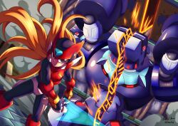  1boy absurdres armor battle black_eyes blonde_hair commentary energy_sword english_commentary forehead_jewel helmet highres holding holding_sword holding_weapon innovator123 long_hair mega_man_(series) mega_man_zero_(series) non-humanoid_robot red_armor red_helmet robot robot_animal standing sword tretista_kelverian_(mega_man) weapon z_saber 
