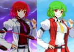  belt breasts clouds comparison drum drumsticks ebizome green_hair hand_on_hip horikawa_raiko instrument kazami_yuuka large_breasts necktie red_eyes redhead shirt short_hair skirt smile tagme thunder touhou 