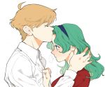  ... 2girls androgynous aqua_hair aruterra bishoujo_senshi_sailor_moon blonde_hair closed_eyes clothes_grab forehead_kiss hairband kaiou_michiru kiss multiple_girls profile shirt short_hair side ten&#039;ou_haruka very_short_hair white_background white_shirt 