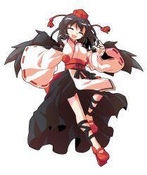  1girl alphes_(style) black_hair black_thighhighs black_wings breasts closed_eyes commentary_request dairi feathered_wings full_body geta hair_between_eyes hand_up hat highres kourindou_tengu_costume large_variant_set medium_hair open_mouth parody shameimaru_aya simple_background smile solo style_parody tachi-e thigh-highs tokin_hat touhou transparent_background variant_set wide_sleeves wings 