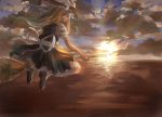  039love-s-c 1girl apron black_dress blonde_hair bow braid broom broom_riding clouds dress flying hand_in_hair hat hat_bow highres horizon kirisame_marisa long_hair puffy_sleeves shirt short_sleeves single_braid sky solo sunset touhou waist_apron witch witch_hat 