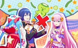 >_< 1boy 2girls animal_ears arm_tattoo blue_eyes blue_hair blue_nails cat_ears clothing_cutout colorful_palette cucumber dress fingernails game_cg hair_between_eyes hair_ornament hairband hakunetsu!_kamikou_ouendan!_(project_sekai) hatsune_miku highres holding kaito kaito_(vocaloid) kappa long_hair megurine_luka multiple_girls nail_polish number_tattoo official_art pink_hair pink_shirt pom_pom_(clothes) pom_pom_hair_ornament profile project_sekai purple_hairband red_dress shirt short_hair star_(symbol) star_cutout striped_clothes striped_dress sweatdrop tattoo teeth third-party_source tongue twintails upper_teeth_only very_long_hair violet_eyes vocaloid wonderlands_x_showtime_kaito wonderlands_x_showtime_luka wonderlands_x_showtime_miku x_(symbol)