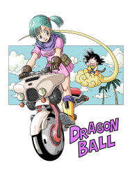 1boy 1girl :d absurdres aged_down aqua_hair belt black_eyes black_hair blue_eyes blue_sky boots brown_belt brown_gloves brown_tail bulma character_name child clouds commentary_request copyright_name dougi dragon_ball dragon_ball_(classic) dress flying_nimbus gloves hair_bobbles hair_ornament highres long_hair looking_back looking_to_the_side mikidai7 monkey_boy monkey_tail motor_vehicle motorcycle on_motorcycle open_mouth orange_dougi palm_tree pink_dress purple_scarf scarf short_hair short_side_ponytail sky smile son_goku spiky_hair striped_clothes striped_dress tail tree waving yellow_boots 