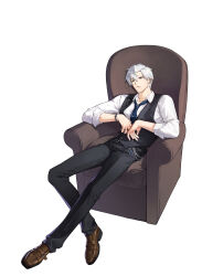  1boy absurdres black_pants black_vest blue_necktie bracelet brown_shoes closed_mouth closers collared_shirt couch crossed_legs diagonal-striped_clothes diagonal-striped_necktie dress_pants dress_shirt dress_shoes ear_piercing earrings full_body grey_eyes highres j_(closers) jewelry male_focus necktie on_couch pants piercing shirt shoes short_hair sitting solo striped_clothes vest waistcoat wallet_chain white_background white_hair white_shirt 