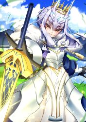 1girl absurdres armor artoria_pendragon_(fate) breastplate commentary_request crown excalibur_(fate/stay_night) fate/grand_order fate_(series) gauntlets hair_bun highres lord_logres_(fate) melusine_(fate) r3_type smile solo sword weapon white_hair yellow_eyes 