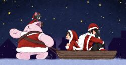  1boy 1girl 1other animal_on_head black_gloves black_hair black_pants boots brown_boots cait_sith_(final_fantasy) cape capelet cat cat_on_head christmas coat creature final_fantasy final_fantasy_vii fur-trimmed_capelet fur-trimmed_coat fur-trimmed_hood fur_trim gloves hair_between_eyes hat headband holding holding_sack hood hugging_own_legs long_hair moogle on_head on_roof open_mouth pants red_boots red_cape red_headband s_m_man sack santa_hat short_hair sky sleigh smile star_(sky) starry_sky tuxedo_cat vincent_valentine yuffie_kisaragi 